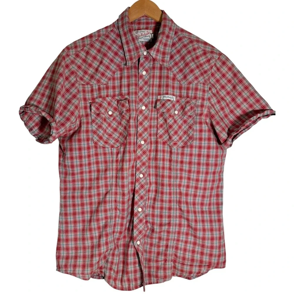 True Religion Men's Rocky Short Sleeve Pearl Snap Plaid Western Shirt Red XL